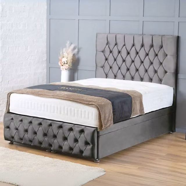 BSSPOKE Mulberry Ottoman Divan Bed in Grey Plush Velvet with 54 inch Headboard, Super King, W/D/H: 200 x 160 x 137.16 cm – 1