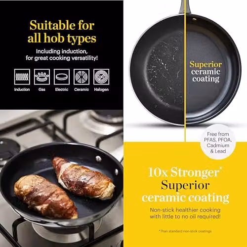 Tower Tri-Ply 30cm Frying Pan with Ceramic Coating, Silver Stainless Steel, Induction Compatible – 3