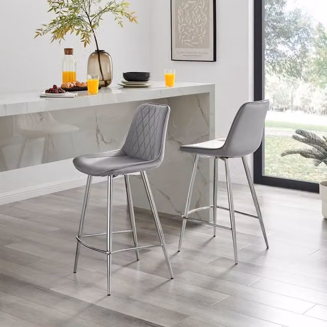 FurnitureboxUK Pesaro Set of 2 Velvet Upholstered Kitchen Breakfast Bar Chairs in Grey with Silver Metal Legs