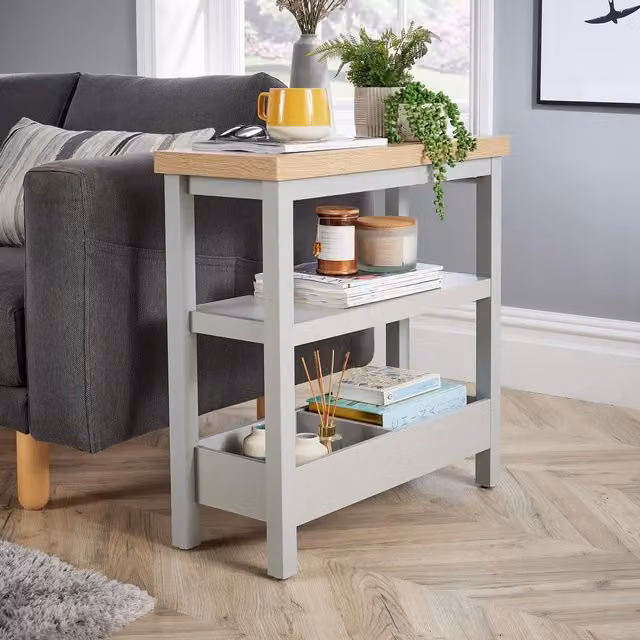 Home Source Side Table with Oak Effect Top and Storage Shelves in Light Grey – 1