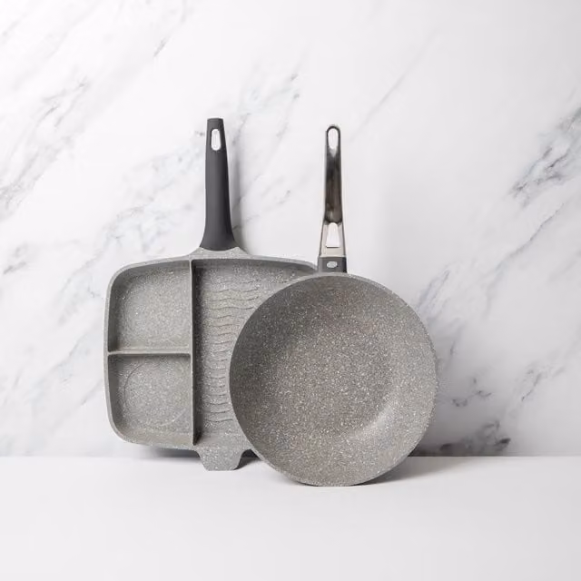 MasterClass Non-Stick Cast Aluminium Three Section Grill Pan 32cm and Wok 28cm Set, Grey