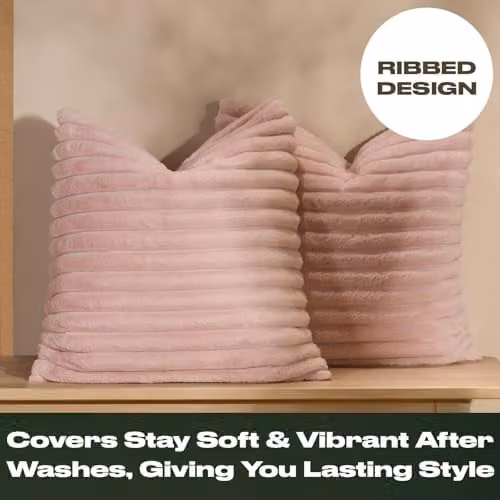 OHS Pack of 4 Faux Fur Ribbed Cushion Covers in Pink, W/D/H: 45 x 45 x 45 cm – 2