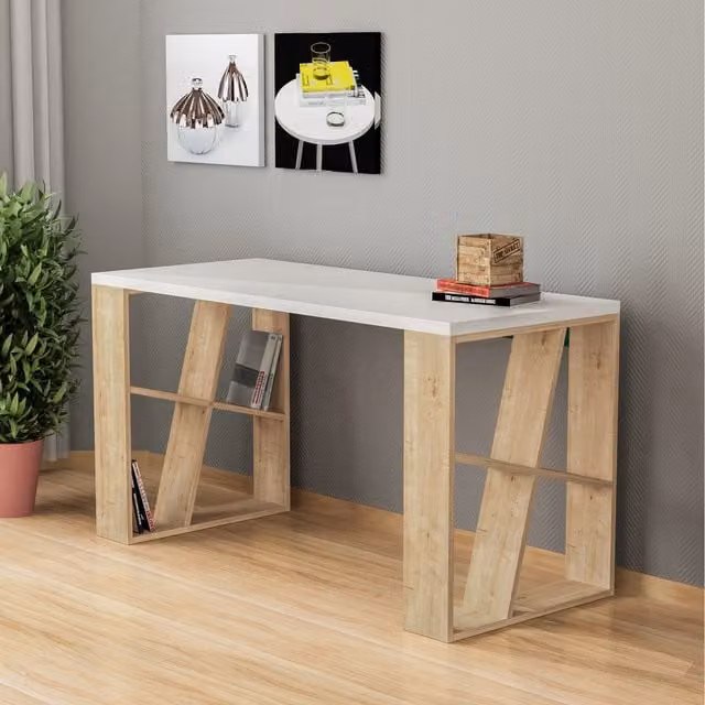 Decortie Modern Oak Writing Desk with Bookshelf Legs