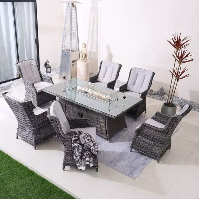 Direct Wicker Premium Grey Rattan Outdoor Fire Pit Dining Set for 6 People – 1