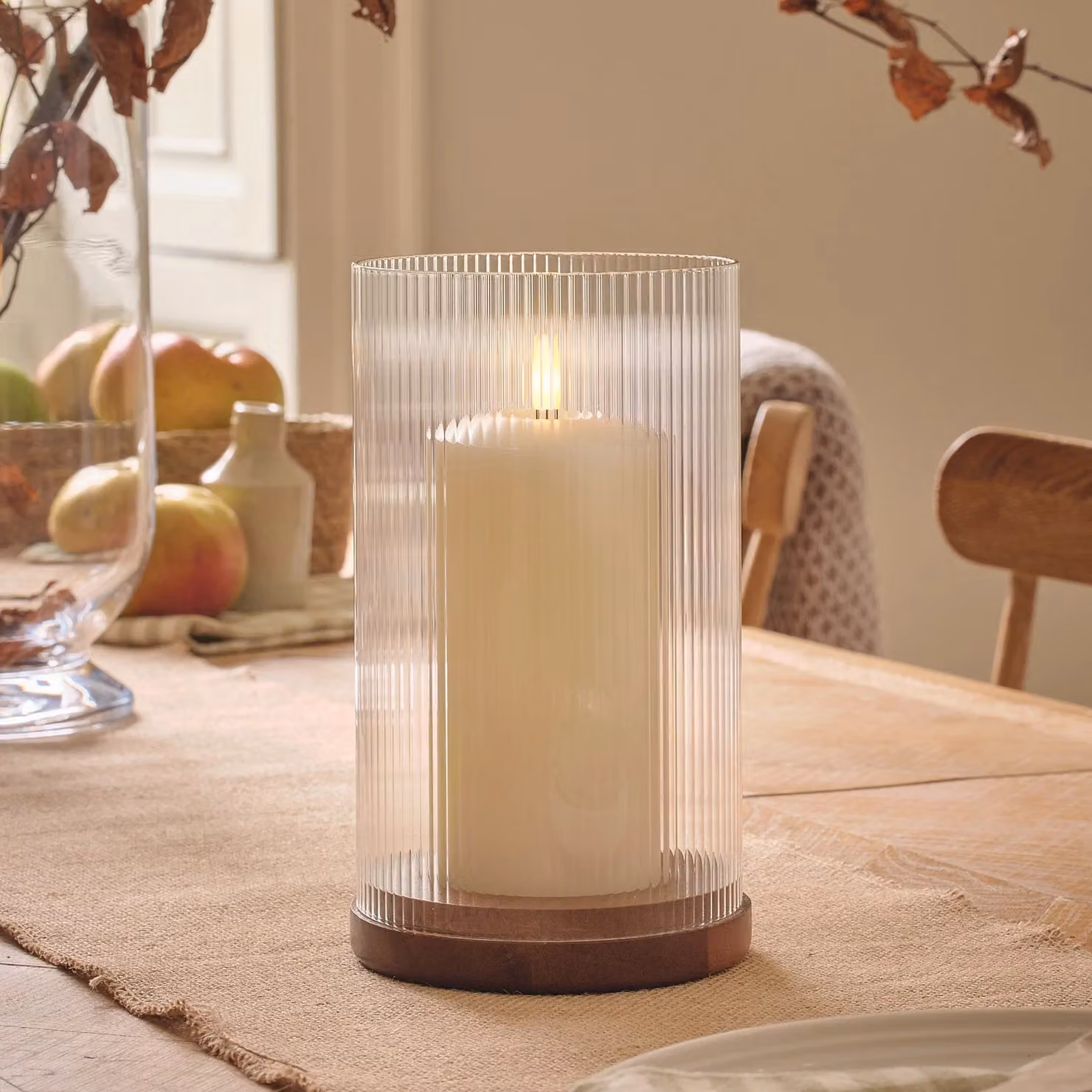 Lights4fun TruGlow Large White LED Pillar Candle with Fluted Glass Hurricane Holder and Remote Control – 1