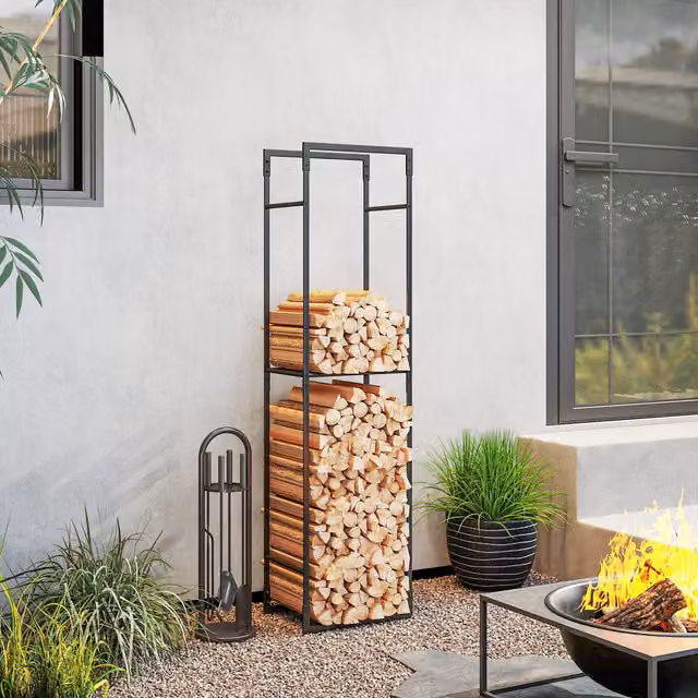 Outsunny Metal Firewood Log Holder with Adjustable Shelves, Black