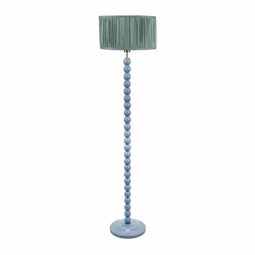 ValueLights Bobbin Stem Floor Lamp in Powder Blue with Green Ruched Pleated Fabric Shade, H 145 cm x W 25 cm x D 25 cm – 1