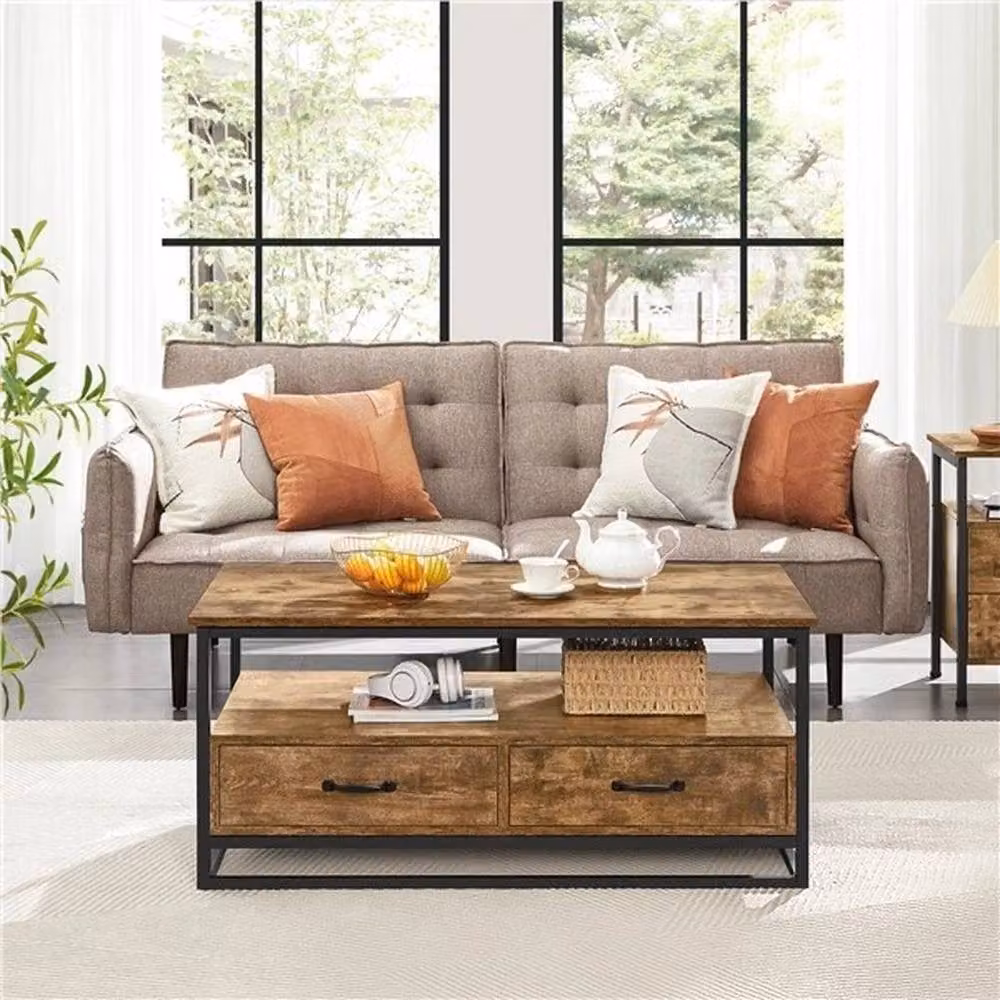 KORVIXA Mid-Century Square Coffee Table with Metal Frame and Drawers in Brown, W/D/H: 100 x 100 x 46.99 cm – 3