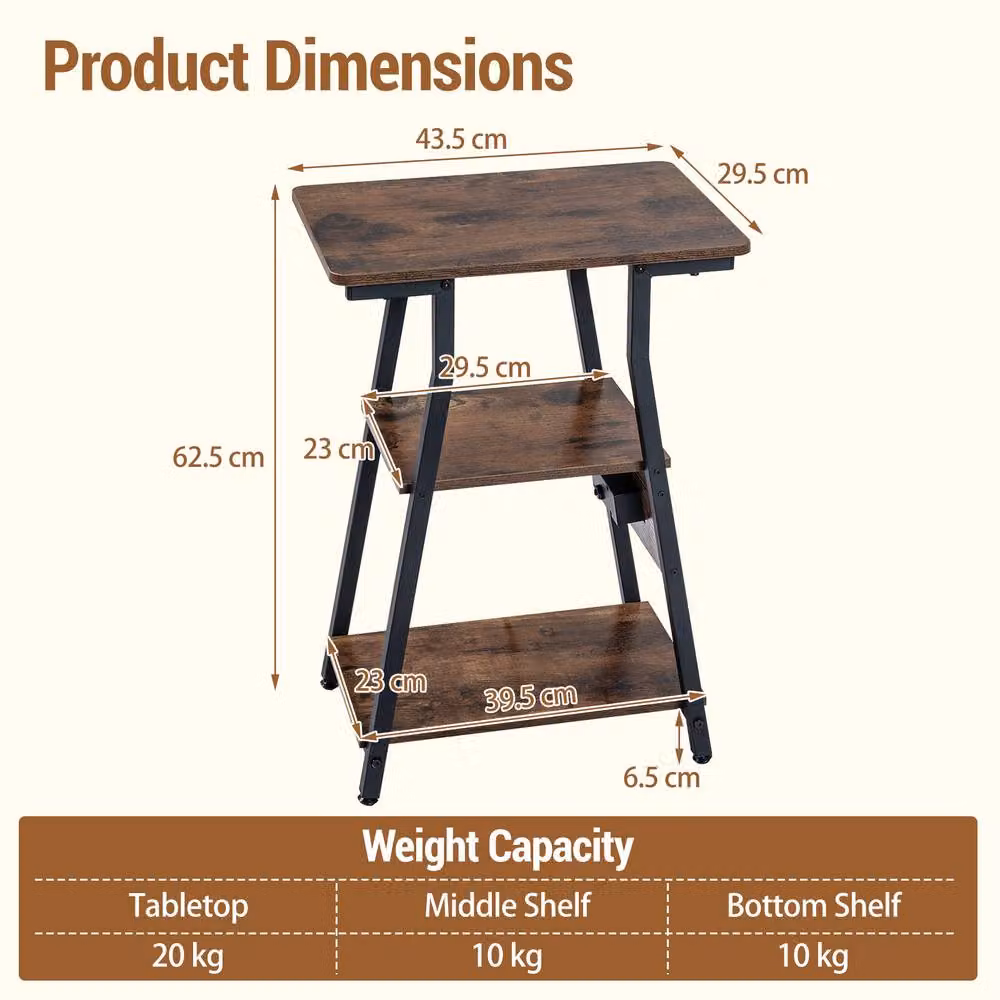 Costway 3-Tier Industrial Side Table with 2 AC Outlets and 1 USB Port in Brown – 2