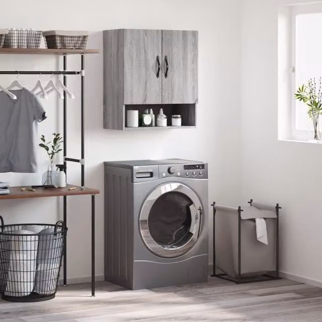 Berkfield Home Grey Sonoma Wall Mounted Cabinet with Hinged Doors and Open Shelf, W/D/H: 60 x 31 x 70 cm
