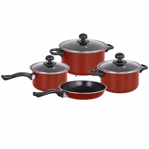 Gr8 Home 7 Piece Non Stick Carbon Steel Cookware Set with Glass Lids in Red – 1