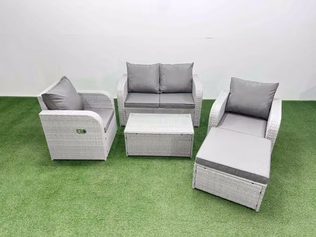 Fimous 5 Seater Grey PE Wicker Rattan Garden Furniture Set with Reclining Chairs, 2 Seater Sofa, Coffee Table and Ottoman