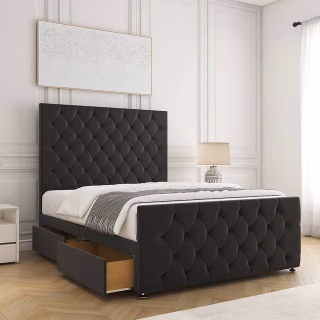 BSSPOKE Maya Velvet Small Double Divan Bed with 4 Drawers, Mattress and Headboard and Footboard in Black, W/D/H: 120 x 200 cm