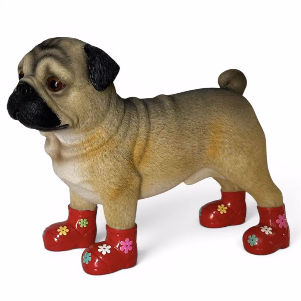 Animal Crackers Pug Dog Figurine in Red Welly Boots with Floral Decoration, Brown – 4
