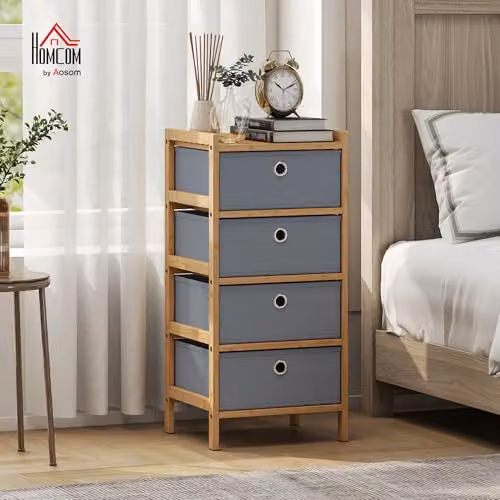 HOMCOM Chest of Drawers with Bamboo Frame and 4 Grey Fabric Drawers – 2