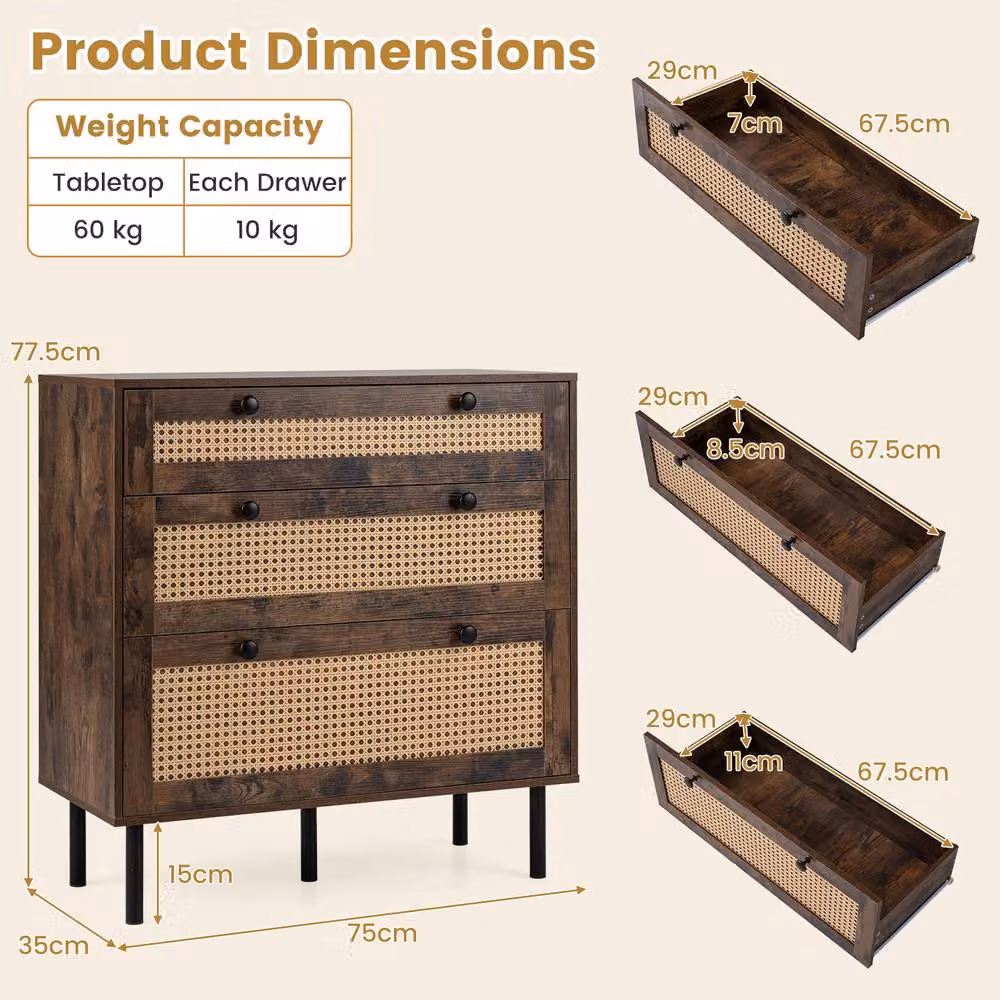 Gymax Boho Rattan Modern Chest of Drawers with 5 Metal Legs, Brown – 2
