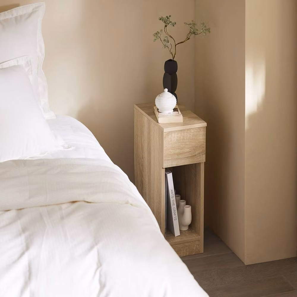 SOBUY Modern Slim Bedside Table in Oak with Side Compartments and Engineered Wood Finish, W/D/H: 35.0 x 20.0 x 60.0 cm – 3