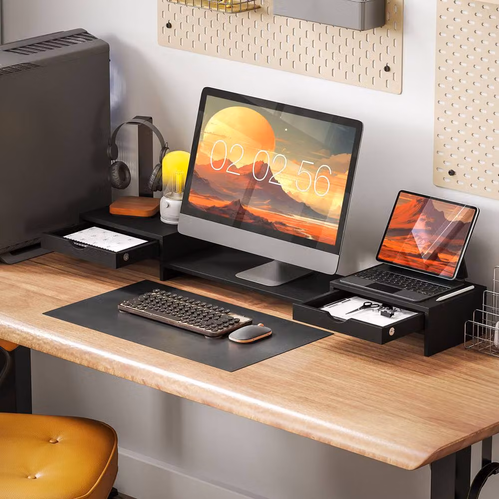 STILVORA Adjustable Monitor Stand Riser with 2 Drawers in Matt Black – 2