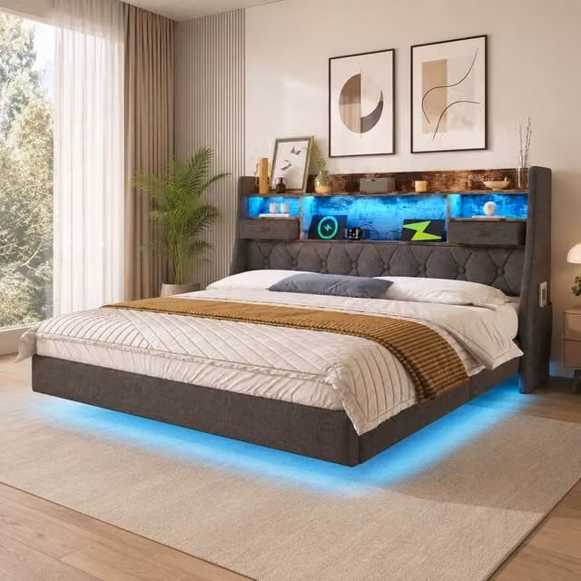 STILVORA Double Bed Frame in Grey with LED Headboard, USB Charging Ports and Storage Compartments, W/D/H: 140 x 200 x 135 cm