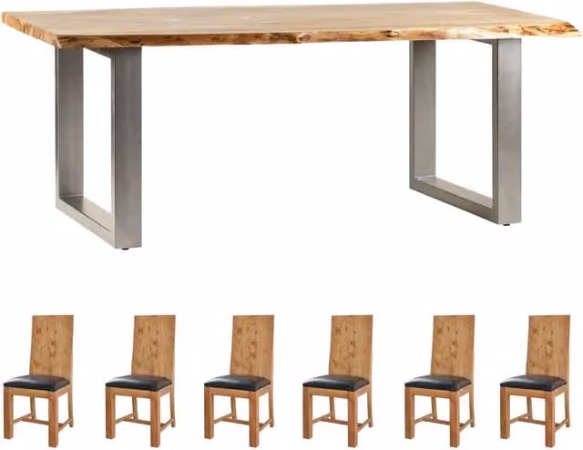 IH Design Modern Rectangular Live Edge Acacia Wood Dining Table and 6 Chairs Set in Brown and Black
