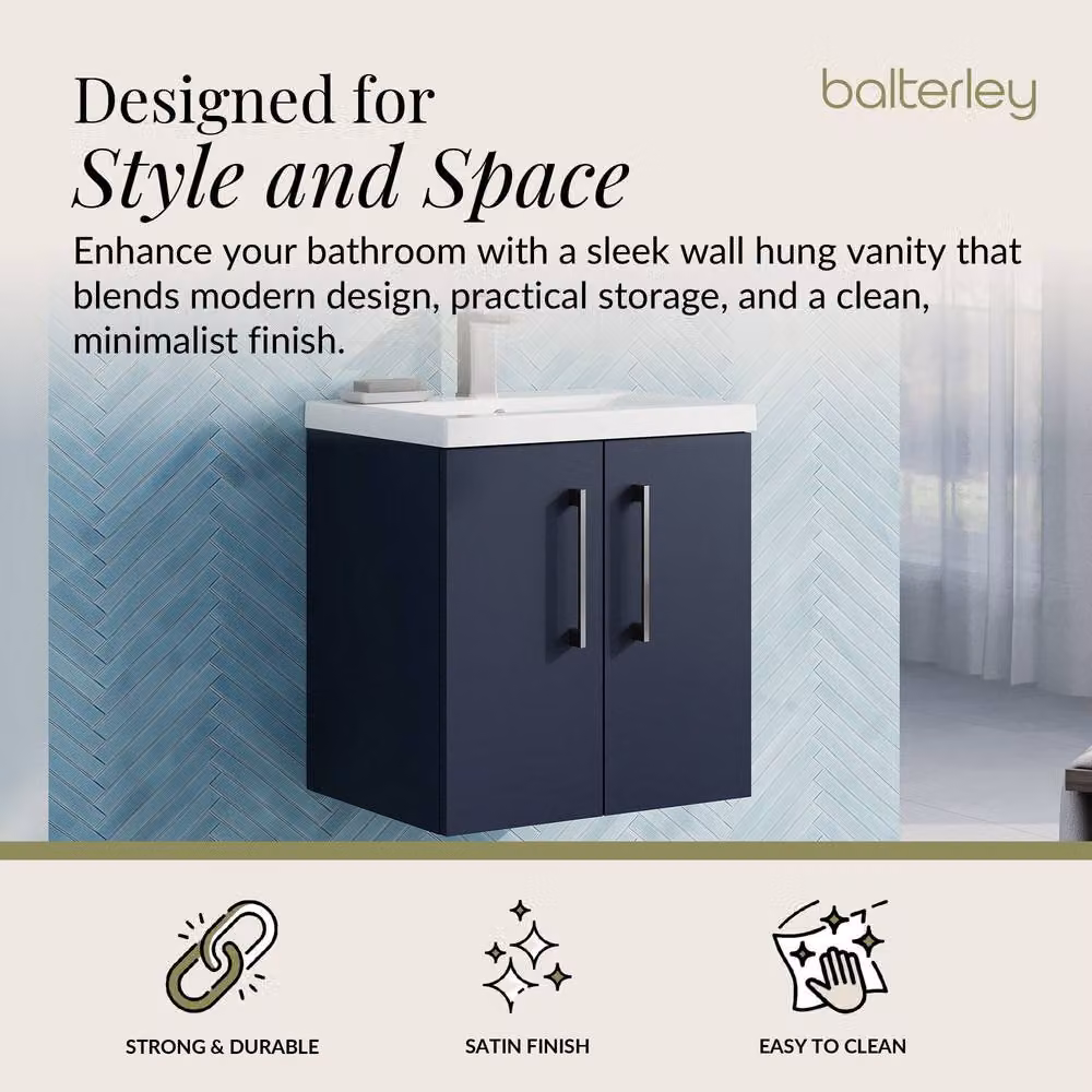 Balterley Contemporary Wall Hung Bathroom Vanity Unit with Mid-Edge Ceramic Basin, Midnight Blue, W: 58 cm, D: 39 cm, H: 51 cm – 2