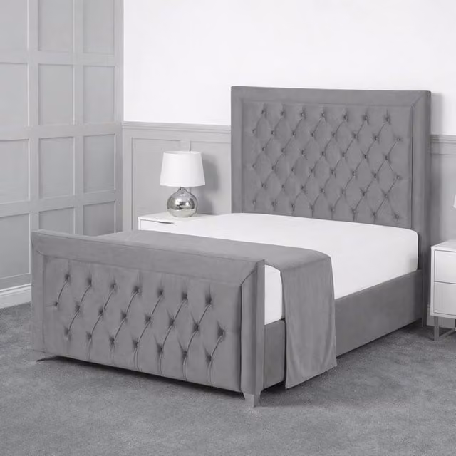 Living Comfort Bedz Ember Plush Velvet Upholstered Super King Bed with Slatted Base and 48 Inch Headboard in Grey, W: 200 cm x D: 200 cm