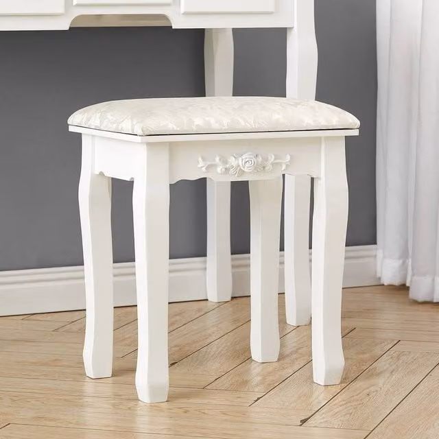 PAWNORA Beige Floral Fabric Upholstered Dressing Table Vanity Stool
