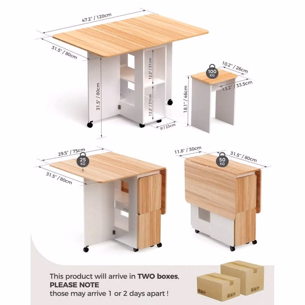 VOGREX Folding Dining Table and 4 Chairs with Storage Shelf, Oak and White, W: 100 cm, D: 80 cm, H: 80 cm – 2