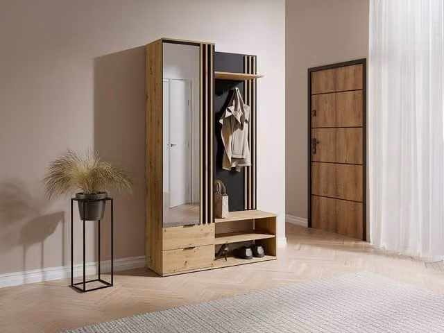 Vente-unique JANAKIA Modern Wardrobe with Mirror, Internal Drawers and Open Shelving in Black and Natural Wood – 1