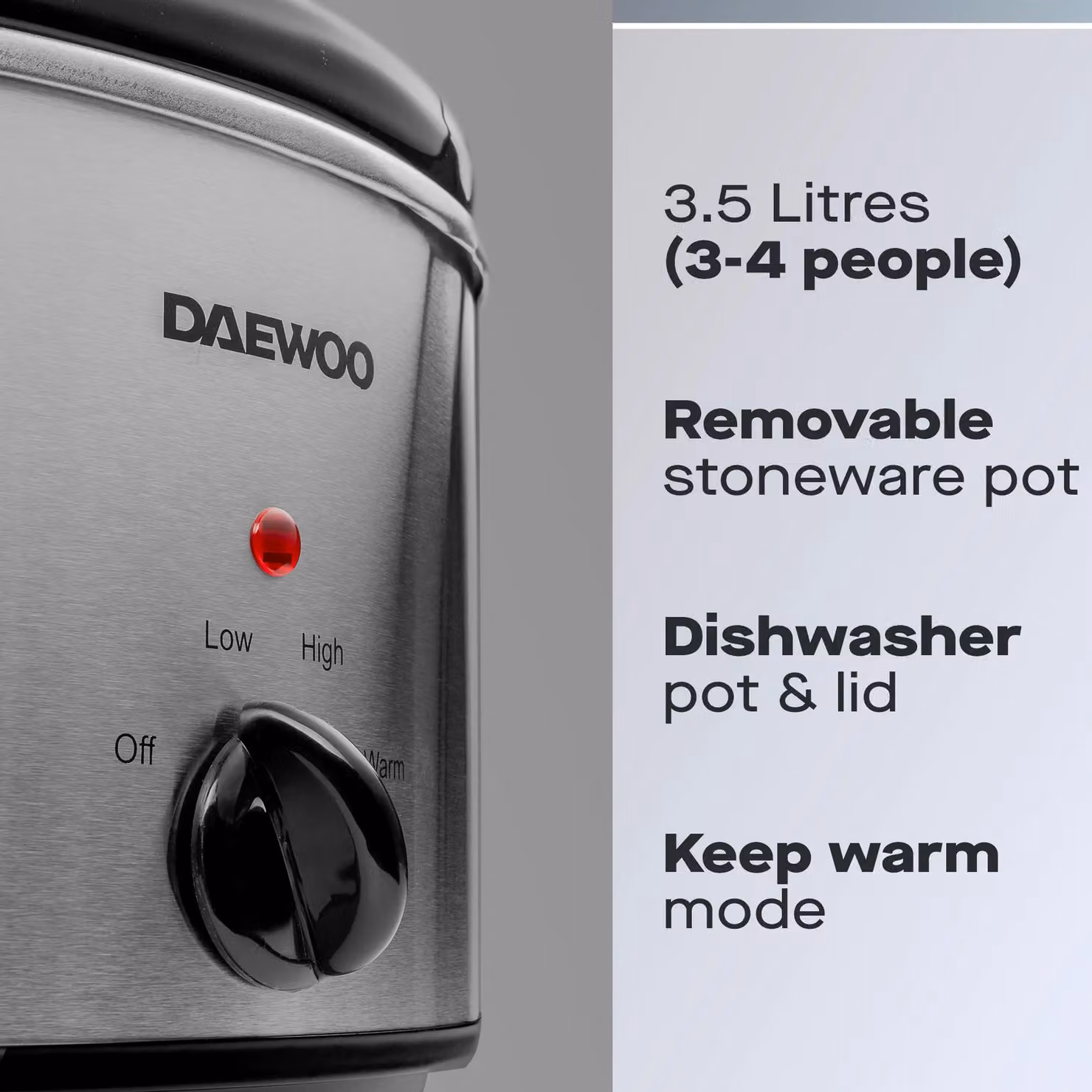 Daewoo 3.5L Slow Cooker in Silver and Black with Ceramic Bowl and Glass Lid – 3