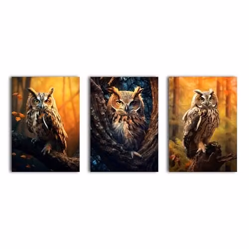 Simpa Golden Owl 3 Panel Canvas Wall Art in Gold and Multicolour