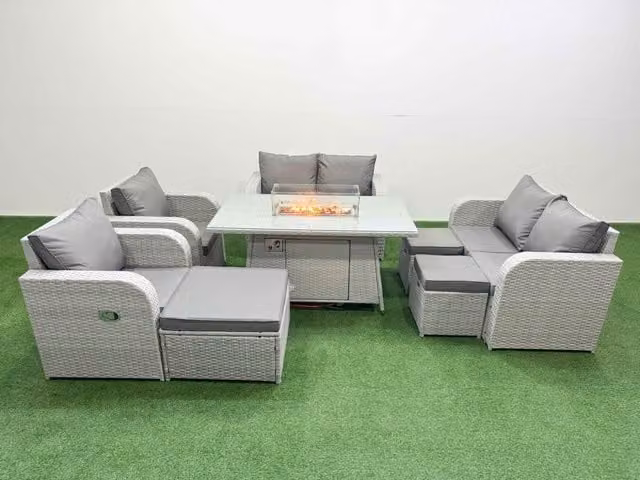 Fimous 9 Seater Rattan Garden Furniture Set with Reclining Love Sofa, Firepit Dining Table and 3 Stools in Light Grey