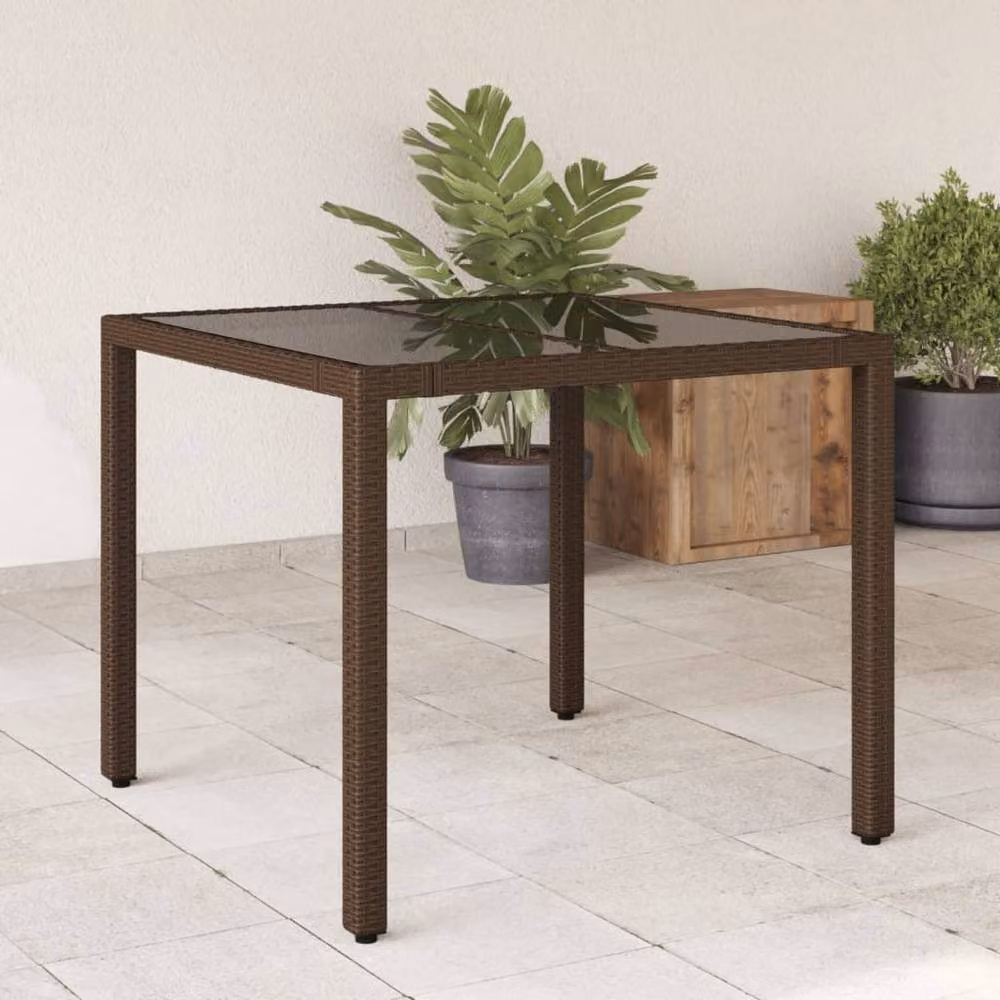 Berkfield Home Brown Poly Rattan Garden Table with Glass Top, W/D/H: 90 x 90 x 75 cm – 2