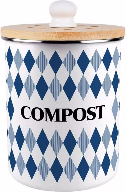 Purely Home Navy Argyle Metal Compost Caddy with Flip Lid, 2L, Blue