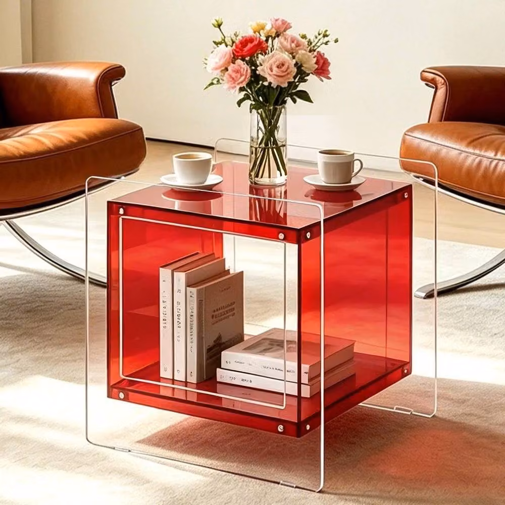 VOGREX Red Transparent Acrylic End Table and Bedside Nightstand with Media Compartments – 2