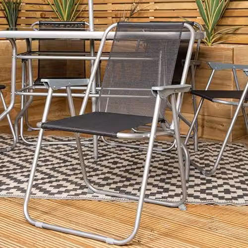 Samuel Alexander 6 Person Garden Furniture Patio Set with Black Glass Table, 6 Chairs and Parasol – 6