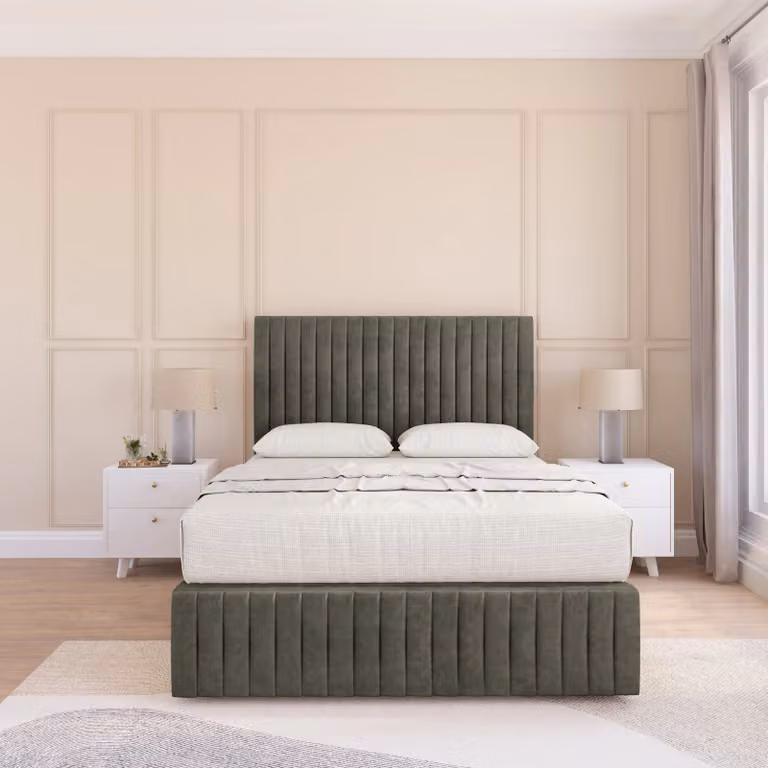 Sloomy Madison Divan Bed Base with 12 inch Footboard and 26 inch Struts Headboard, Grey Velvet Upholstered, W/D/H: 140 x 200 cm