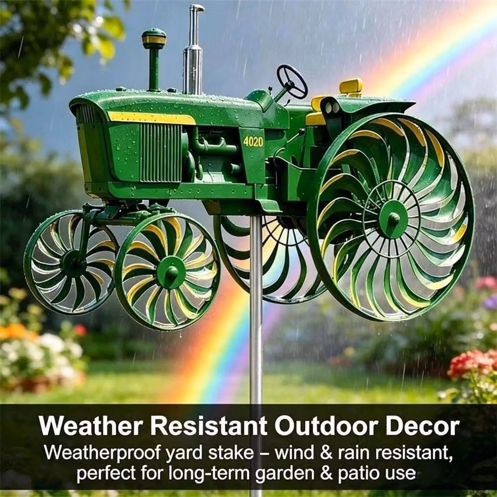 FLAVORA Green Tractor Windmill Garden Wind Spinner Metal Stake, H 100 cm x W 15 cm – 4