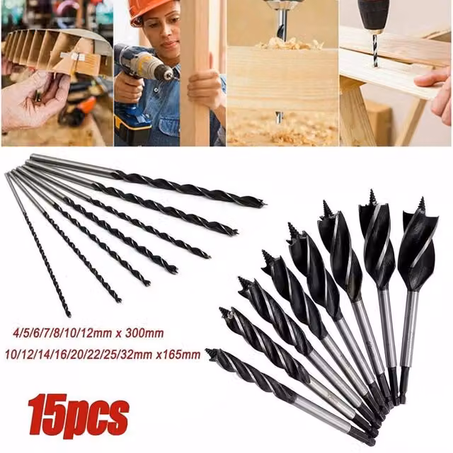 NESTLUNE 15-Piece High-Carbon Steel Fast Cut Wood Auger Drill Set in Black