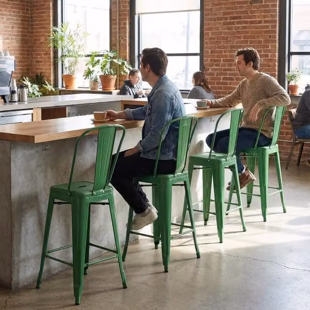 FWStyle Gloss Bistro Set of 4 Green Galvanised Metal Bar Chairs