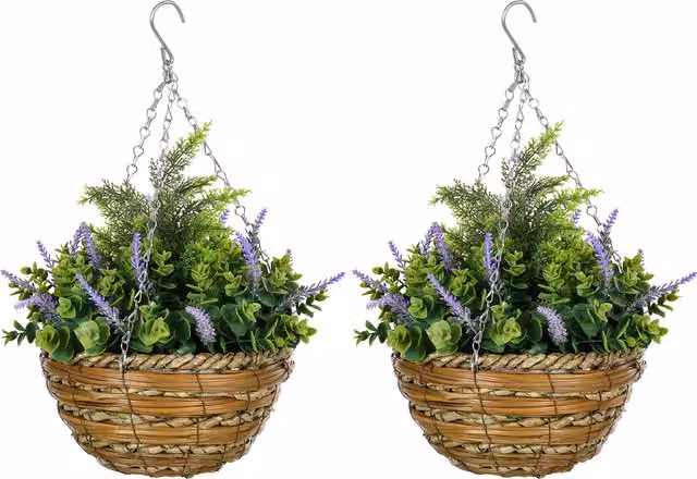 Outsunny 2 Pack Artificial Lisianthus Flower Hanging Planters with Baskets, Purple