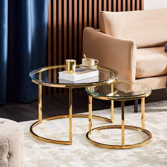 Wyld and Coco 2-Piece Round Nesting Tables with Gold Stainless Steel Frame and Glass Tops – 1