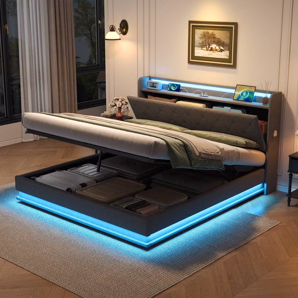 Matteo Double Upholstered Bed Frame with Lift Up Storage, LED Lighting and USB Charging Port, Grey Linen, W/D/H: 140 x 200 x 113 cm – 6