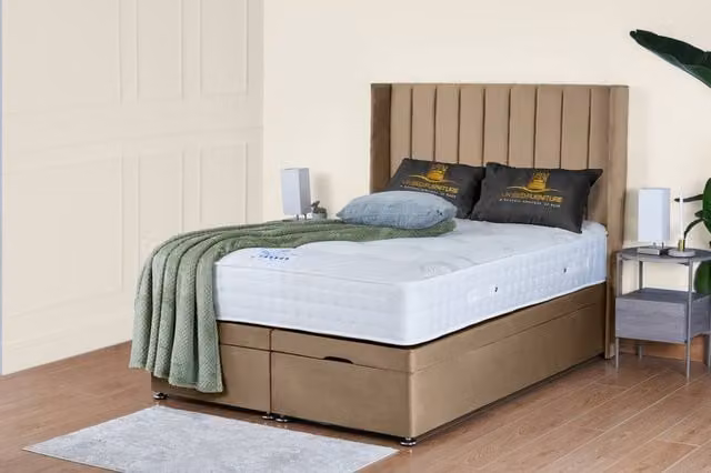 UK Bed Furniture Victoria End Lift Divan Ottoman Bed with 54 Inch Headboard in Beige, W/D/H: 140 x 200 cm
