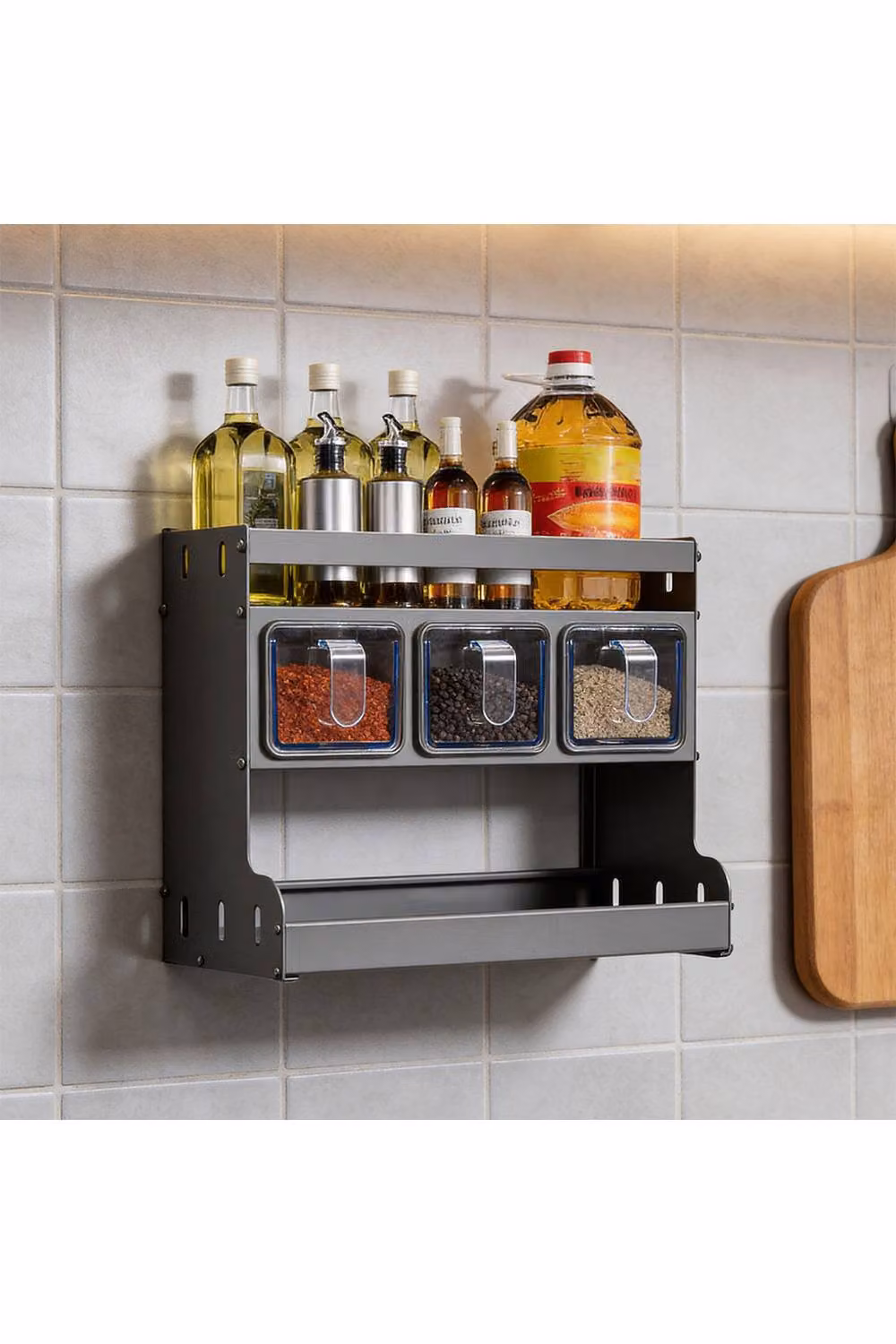 Living and Home 3-Tier Metal Wall Mounted Kitchen Spice Rack in Grey with 3 Seasoning Boxes, W: 28.5 cm, D: 26.0 cm – 2