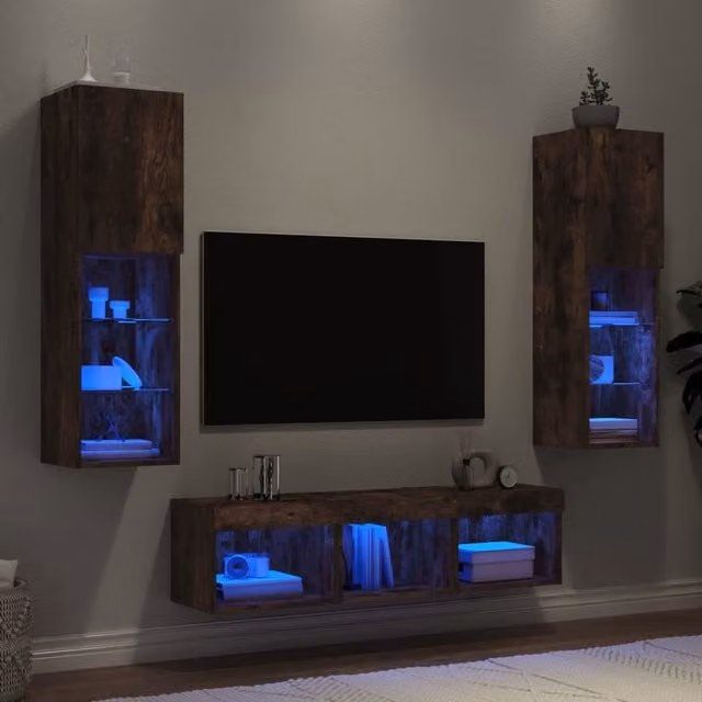 Berkfield Home 5 Piece Modern TV Wall Unit with Integrated LED Lighting in Smoked Oak Brown – 1
