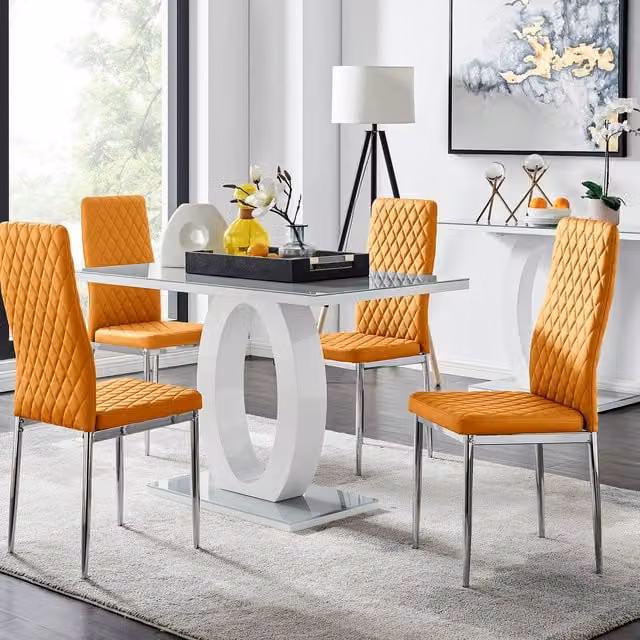 FurnitureboxUK Giovani Modern High Gloss and Glass Rectangular Dining Table and 4 Milan Chairs Set in Grey and Yellow