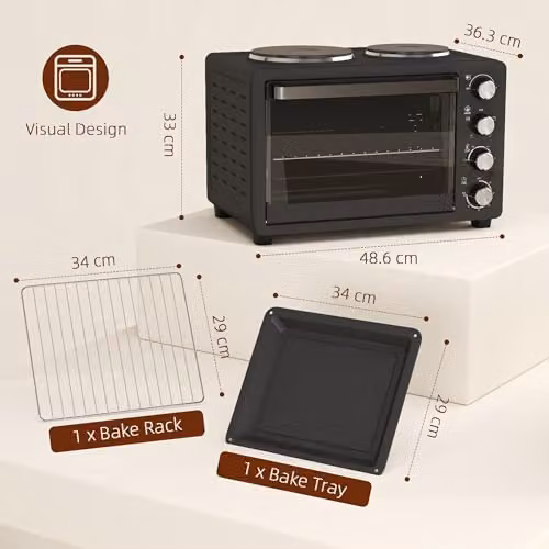 HOMCOM 28L Toaster Oven with Double Hotplate and Grill, 1600W, Black – 3