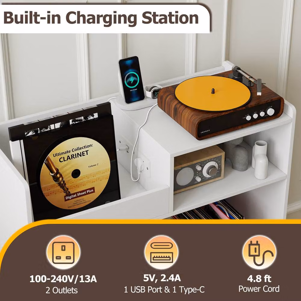 Costway Modern Record Player Stand with Power Outlets and Media Compartments in White – 4