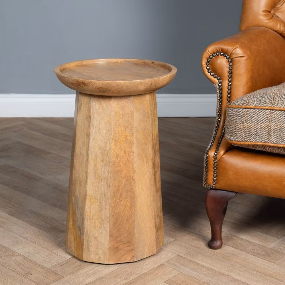 Elm Home And Garden Round Side Table in Brown Solid Mango Wood with Light Oak Finish – 2